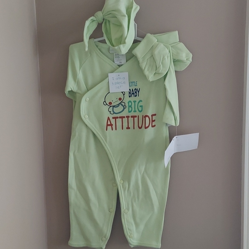 Rumble Tumble 3pc set - bodysuit cap mittens - green baby big attitude - 3-6mos